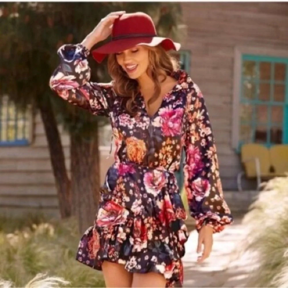 Torn By Ronny Kobo Black Floral Asymmetric Ruffled Mini Dress Size L - Picture 1 of 6